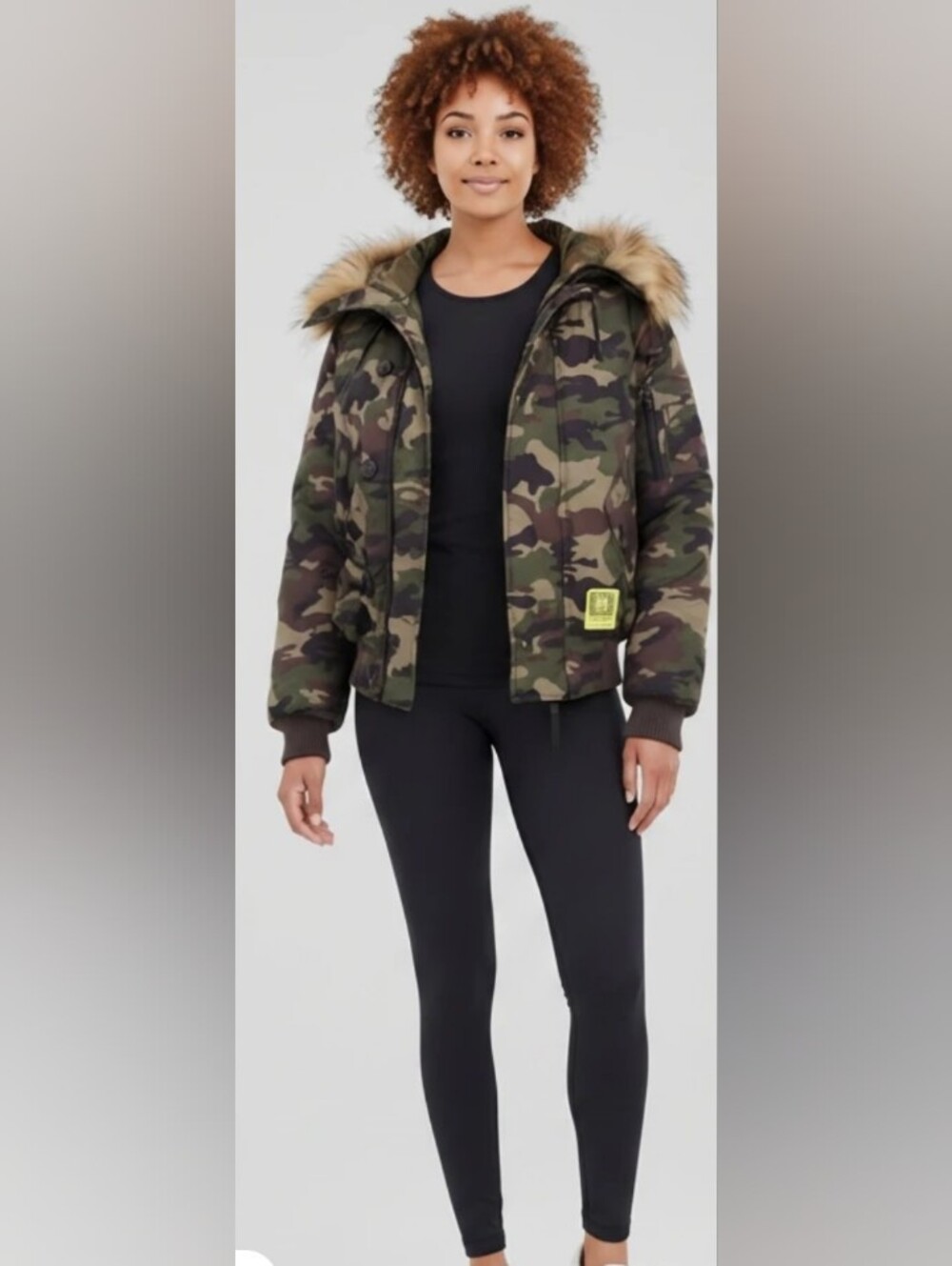 Brumal & R13 Collaboration Camo Hooded Puffer Jacket with Faux Fur Trim.
